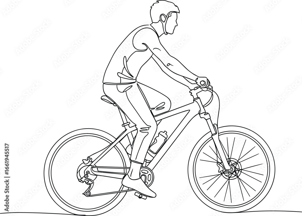 Naklejka premium Line drawing cyclist, man riding bicycle vector, bike outline illustration, active lifestyle clipart, sports motion sketch, fitness art