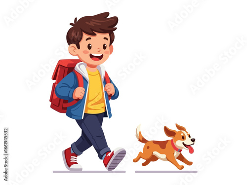 Boy Walking with Dog: A joyful illustration captures a young boy with a backpack, walking cheerfully alongside his playful canine companion, radiating friendship and happiness.