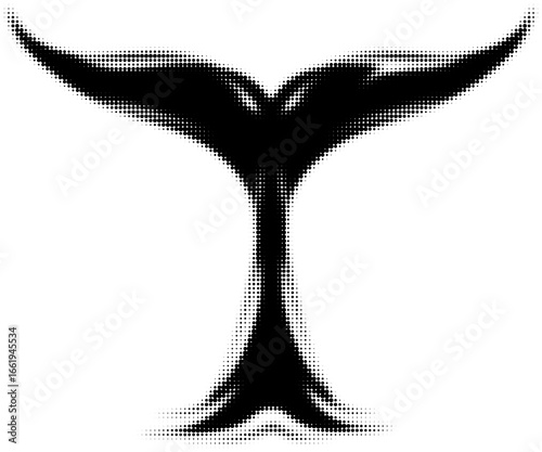 Silhouette of a whale tail in black and white with dotted texture. Vector illustration