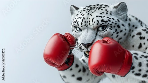 Amusing Spotted Leopard in Crimson Boxing Gloves Dynamic Action Packed Stance Against Stark White Backdrop