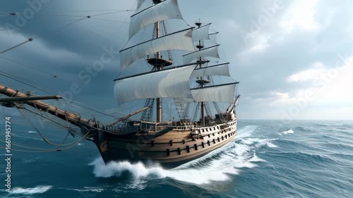 Dramatic Sailing Ship Facing Stormy Seas with Lightning in the Background Under Ominous Clouds
