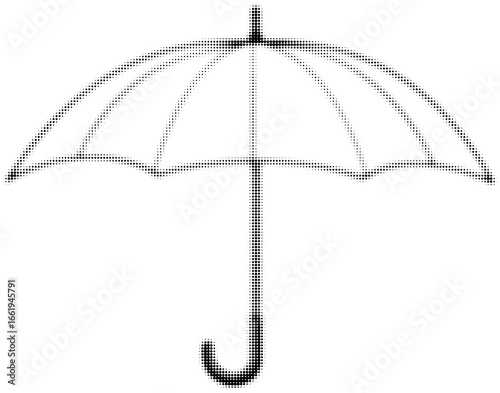 Black and white dotted umbrella illustration with curved handle, vector art. Vector illustration