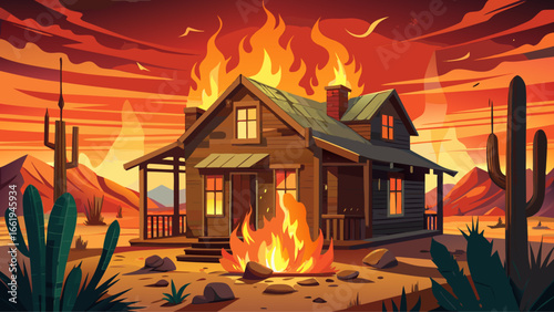 Close-up of an abandoned house on fire in a controlled burn, Gila Bend, Arizona, USA, glowing flames, rising smoke, cracked wood, glowing embers, dramatic destruction, controlled spectacle.