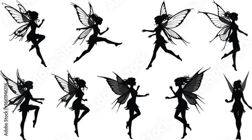 Fairy silhouette vector collection, magical fantasy fairies with wings, mystical female characters in flight, black fairy clipart bundle for fantasy design