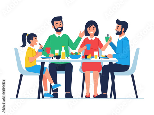Family meal time illustration: A cheerful family gathers around a dining table for a wholesome and warm meal, surrounded by the warmth of togetherness.