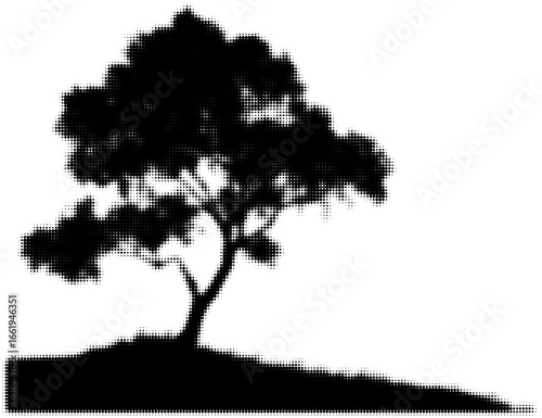 Halftone silhouette of a solitary tree on a hill, graphic design concept. Vector illustration