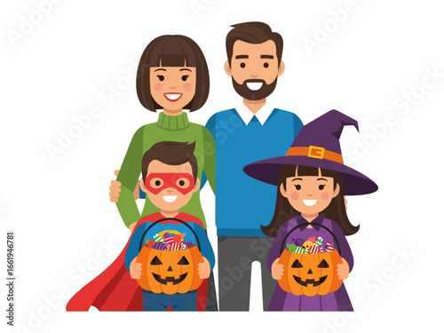 Halloween Family: A warm family stands together, the children adorned in playful costumes, capturing the essence of a joyous Halloween celebration.