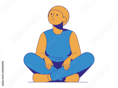 Contemplation Pose: A person sits in a contemplative lotus pose, gazing upward with a thoughtful expression.  The illustration is rendered in a minimalist style with bold outlines and flat colors.