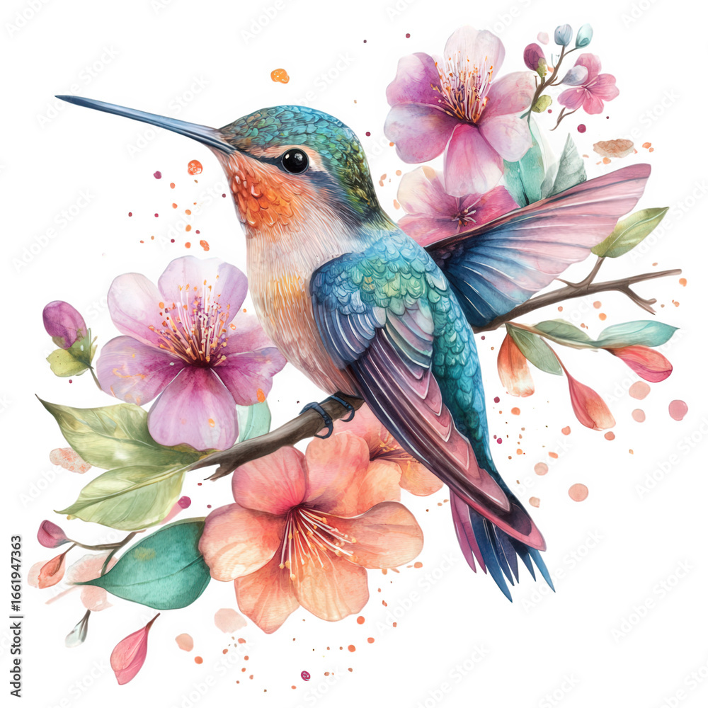 Fototapeta premium Hummingbird with spread wings on a branch with flowers, isolated on transparent background