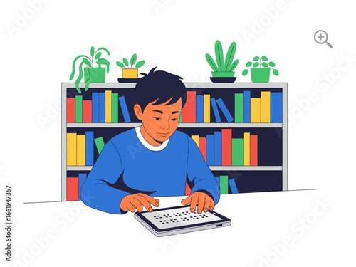 Digital Exploration: A young boy, engrossed in the digital world, delves into the interactive experience of the tablet, surrounded by the knowledge and stories within a colorful library.