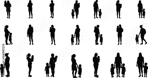 Mother and child silhouettes, family love vector, parenting illustration, mom holding baby, children standing together, maternal bond design, parent child relationship icons