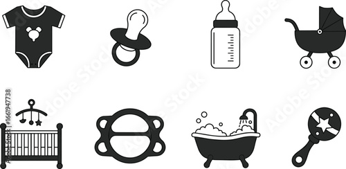 Baby care icons, newborn essentials, baby clothes, pacifier, bottle, stroller, crib, bathtub, rattle, childcare vector design, nursery elements, parenting