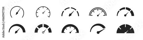 Speed Gauge and Dashboard Icons Set – Vector Dial, Meter, Performance Indicator