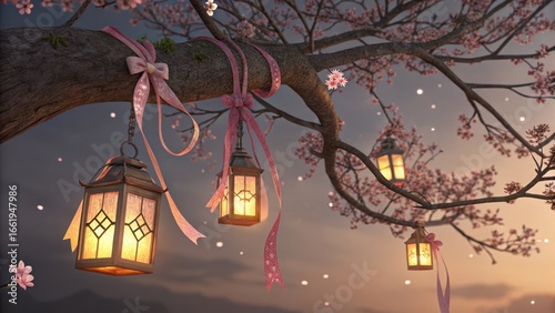 Tranquil Spring Evening with Lanterns and Cherry Blossom Branches