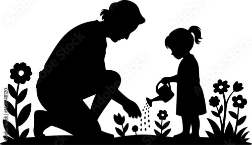 A serene silhouette of a grandparent and grandchild tending to a flower garden