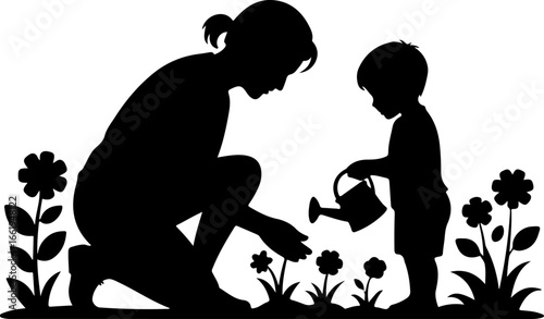 A serene silhouette of a grandparent and grandchild tending to a flower garden