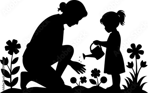 A serene silhouette of a grandparent and grandchild tending to a flower garden