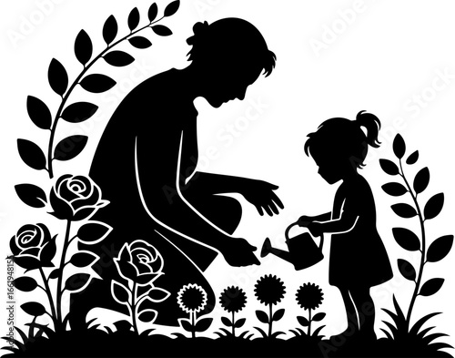 A serene silhouette of a grandparent and grandchild tending to a flower garden