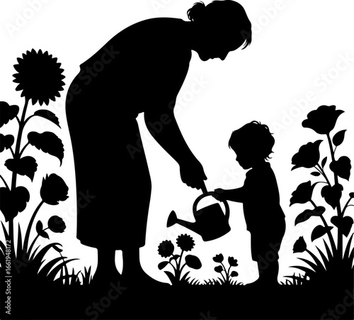 A serene silhouette of a grandparent and grandchild tending to a flower garden