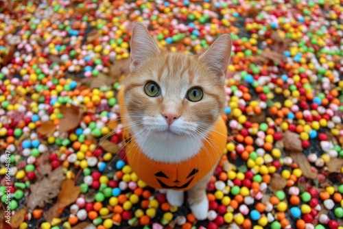 Pet Halloween Costume Concept. Cat in a pumpkin costume among colorful pebbles.