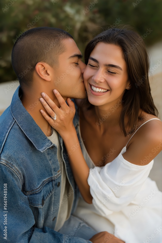 Fototapeta premium Young couple embracing: caucasian female and hispanic male exhibiting romance and joy