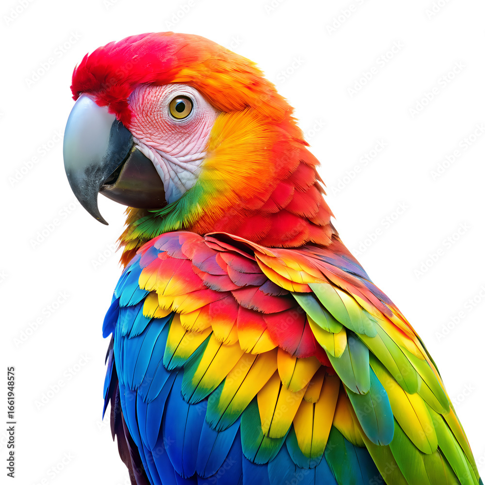 Obraz premium Closeup portrait of a colorful scarlet macaw parrot with vibrant red, blue, and yellow feathers, isolated on transparent background