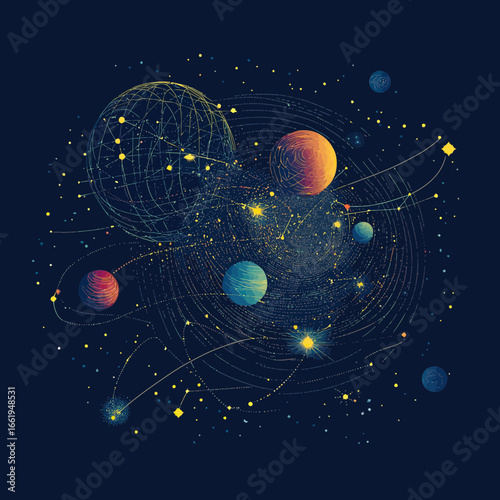 Abstract cosmic space vector illustration with planets stars and orbital lines in digital minimalist wireframe style on dark background
