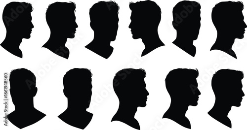 Male head silhouette set, man profile icons, side view, front view, hairstyle vector, human face outline, portrait illustration, black shape design