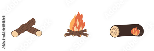 Minimalist flat vector set of three wood fire graphics including stacked logs, burning campfire, and burning log illustration on white background