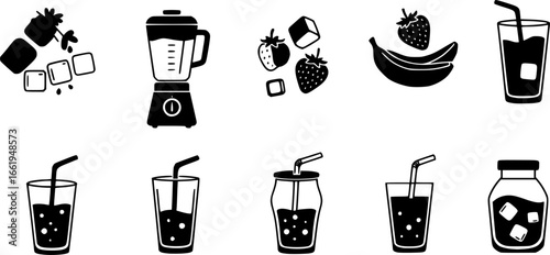 Smoothie ingredients icon set – solid style mixology and beverage symbols for healthy lifestyle: blender, banana, strawberry, ice cubes, glass, juice pour, splash