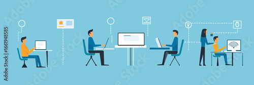 Diverse people working remotely with laptops and digital communication icons flat vector illustration of online office work from home technology connectivity concept