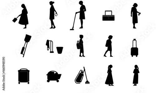 Silhouette woman cleaning vacuuming carrying bags luggage mop bucket suitcase flat vector icons set for travel and housekeeping service concept illustration