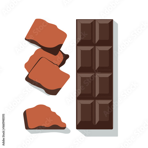 Dark chocolate bar with broken pieces coated in cocoa powder isolated on white background sweet dessert confectionery snack food illustration