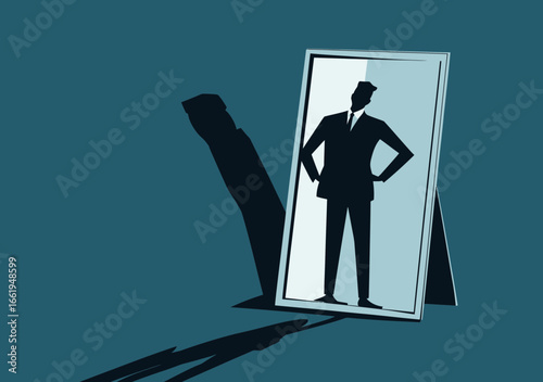 Frustrated businessman looking in mirror seeing confident strong shadow reflection symbolizing self esteem and motivation concept flat vector illustration