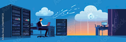 Network administrator working with data servers and cloud computing connection in modern IT data center room flat vector illustration