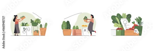 Woman buying organic vegetables and fresh groceries online with delivery boxes and eco friendly shopping bags in flat minimalist vector style