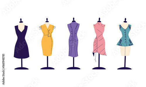 Set of five colorful tailoring mannequins with different sleeveless dress designs in minimalist flat style for fashion design illustration