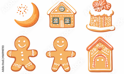 Set of festive gingerbread cookies with moon, two gingerbread men, decorated houses, and frosted sweet roll in flat minimalist cartoon style