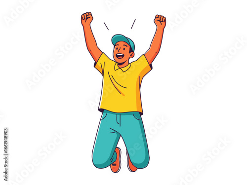 Jumping for Joy: An energetic young man, radiating unbridled happiness, leaps into the air, his body language mirroring the boundless excitement and elation of a moment fully embraced. 