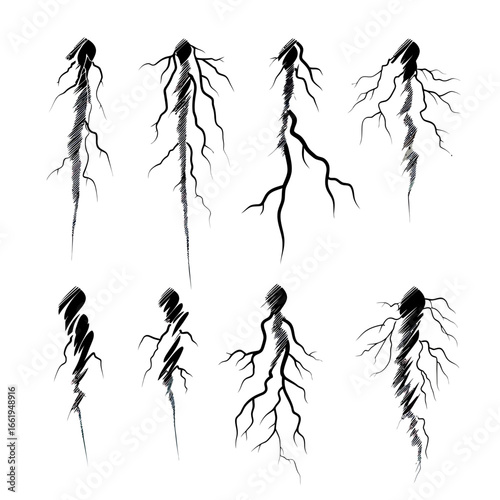 Set of eight black manga style lightning and thunder bolt line art illustrations isolated on white background with sharp branching shapes and textured shading effects for comic power energy designs