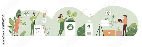 Group of diverse people participating in eco friendly recycling, environmental awareness, and sustainable plant growth activities in minimalist flat design