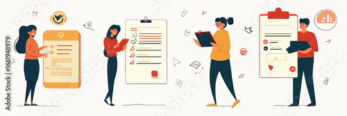 Four diverse people reading and writing documents with checklists, forms, and data charts in flat minimalist style vector illustration