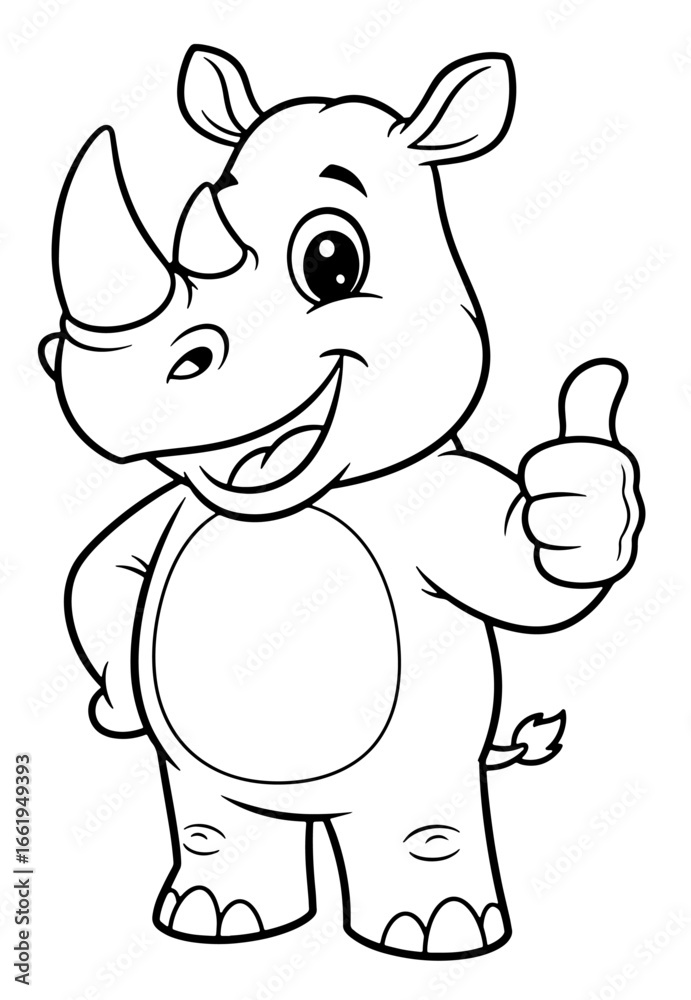 Fototapeta premium Cartoon Rhinoceros Giving a Thumbs Up Gesture Black and White Outline Illustration
