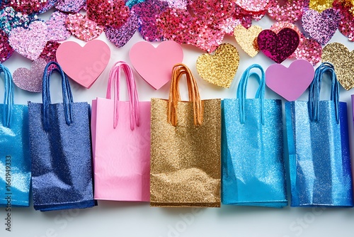 Colorful shopping bags adorned with heart shapes symbolizing love and affection for special occasions