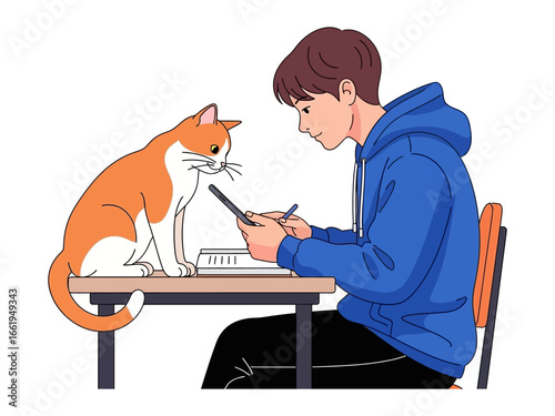 Cat Observing Student: A young student concentrates on his study with pen and notebook at desk, accompanied by a curious orange and white cat, creating a scene of shared focus and companionship.