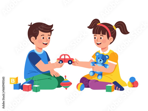 Playful Moments: Two children engaged in a delightful game of sharing and joy, they exchange toys, showcasing the innocence and happiness of childhood. 