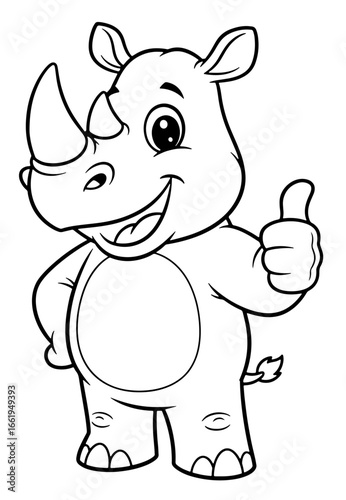 Cartoon Rhinoceros Giving a Thumbs Up Gesture   Black and White Outline Illustration