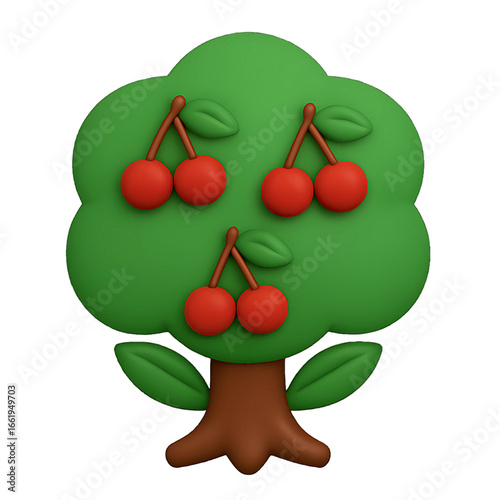 Cherry tree 3D emoji plastic icon for spring blossom fruit orchard pink flowers farming agriculture nature growth isolated transparent design element