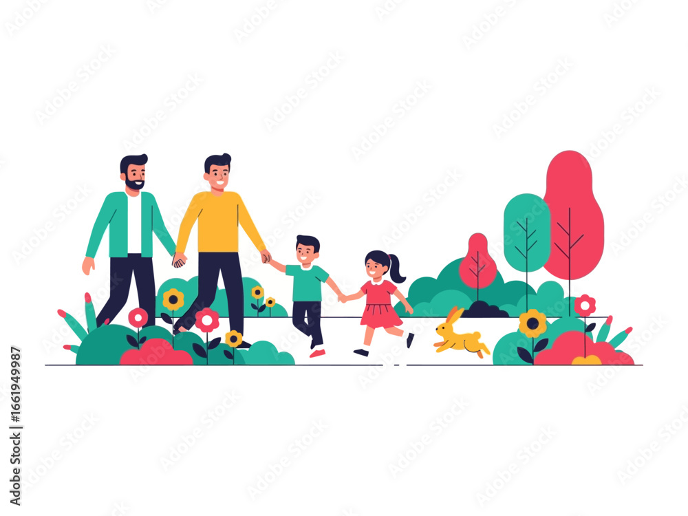 Fototapeta premium Joyful Family Stroll: A graphic illustration of a family, holding hands while walking in the nature. A sense of unity, love, and happiness.