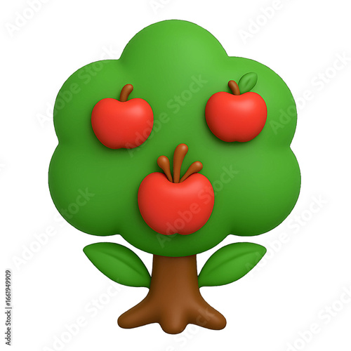 Apple tree 3D emoji plastic icon for orchard fruit harvest autumn red apples farming agriculture nature growth isolated transparent design element